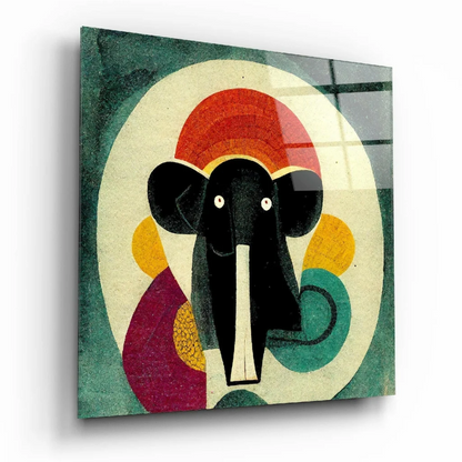 Vibrant black elephant glass wall art on colorful abstract panel