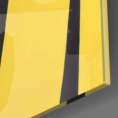 Bold yellow glass wall art with black stripe design