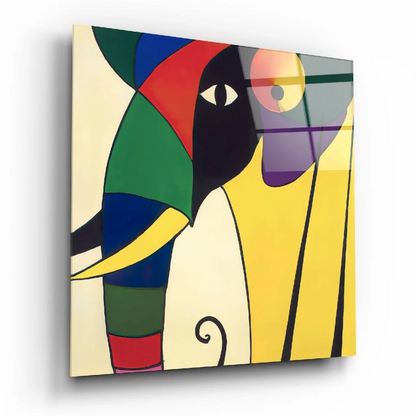 Bold geometric glass wall art with vibrant yellow black and colorful shapes