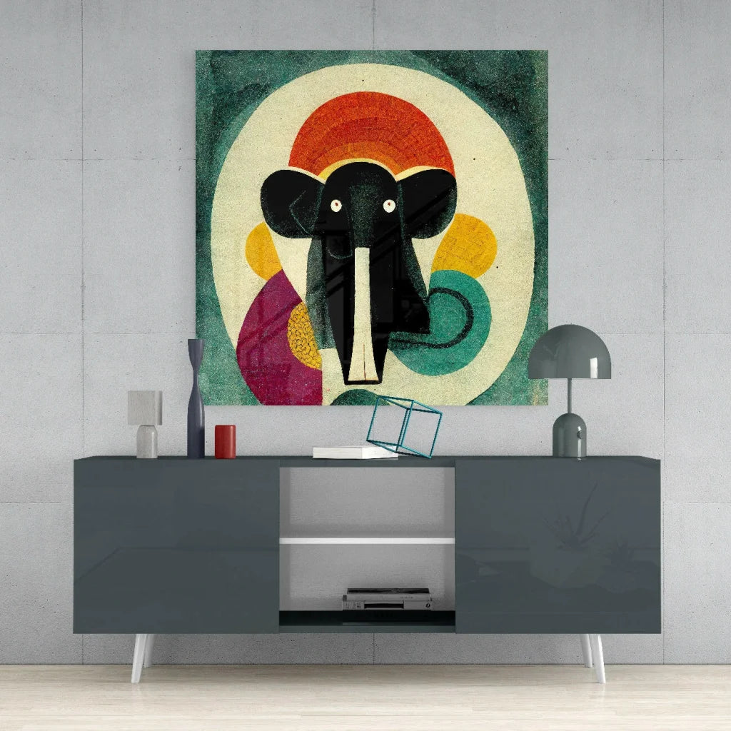 Vibrant stylized black elephant glass wall art with white trunk on colorful abstract background