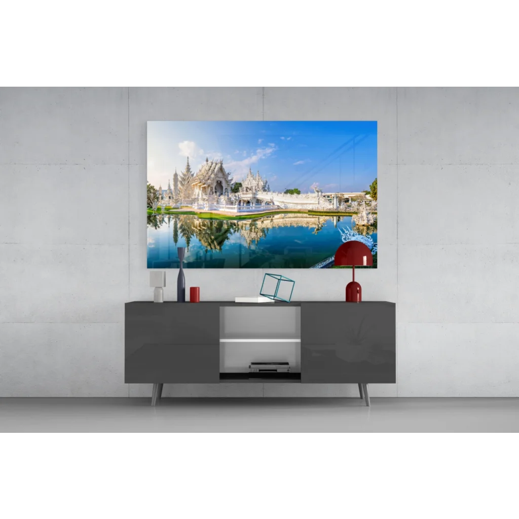 Stunning glass wall art print of white temple reflected in blue water