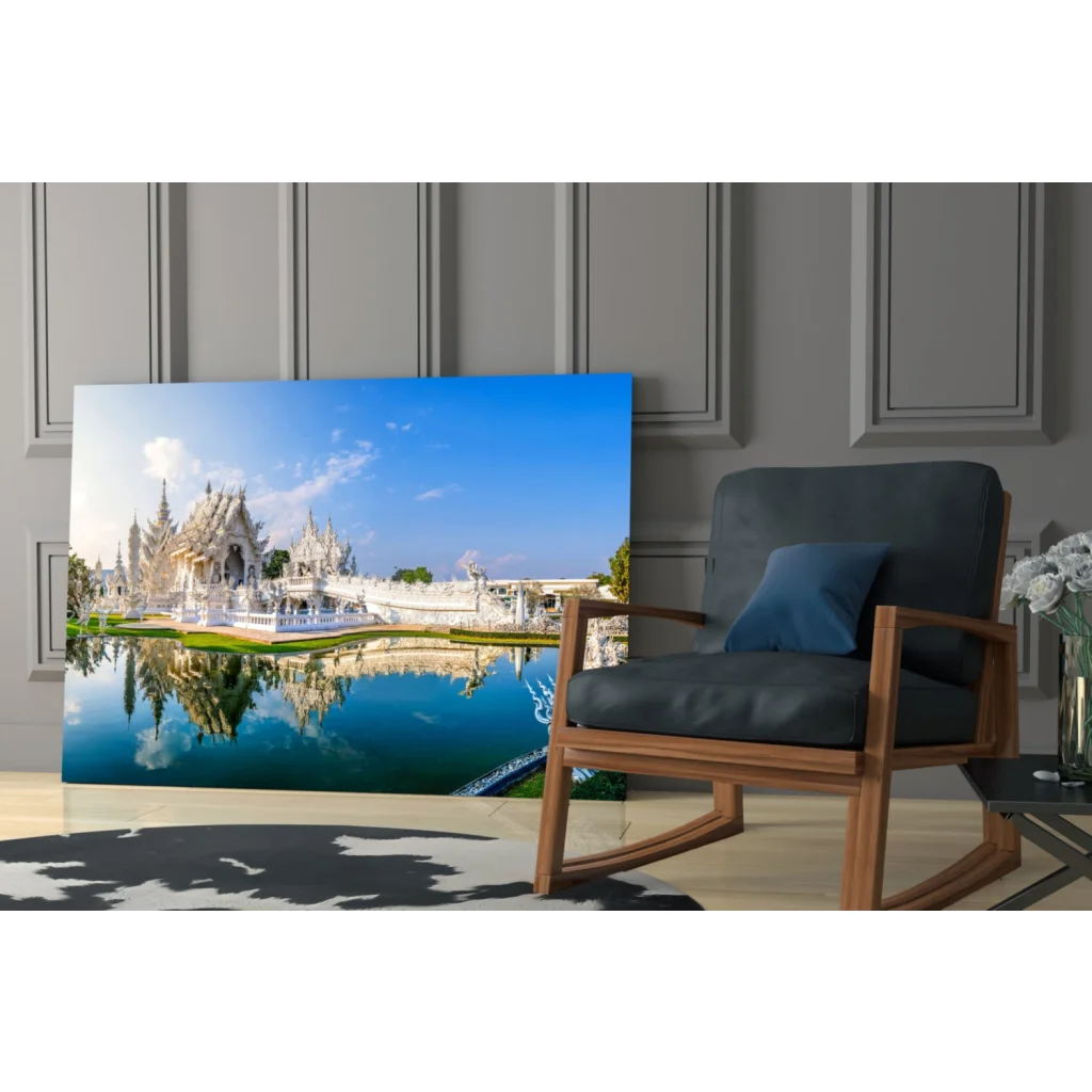 Vibrant reflective White Temple print on stunning glass wall art