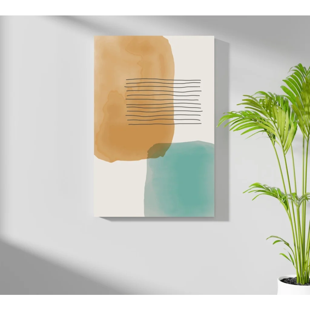 Watercolor Dreams abstract canvas in teal and ochre with black lines