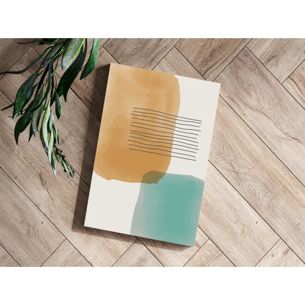 Modern abstract canvas print with teal ochre watercolor washes and black lines
