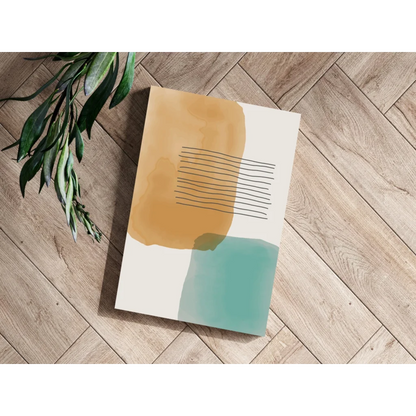 Modern abstract canvas print with teal ochre watercolor washes and black lines