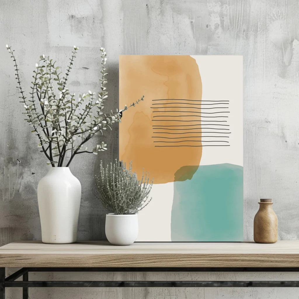 Watercolor Dreams abstract canvas in teal and ochre with orange wash