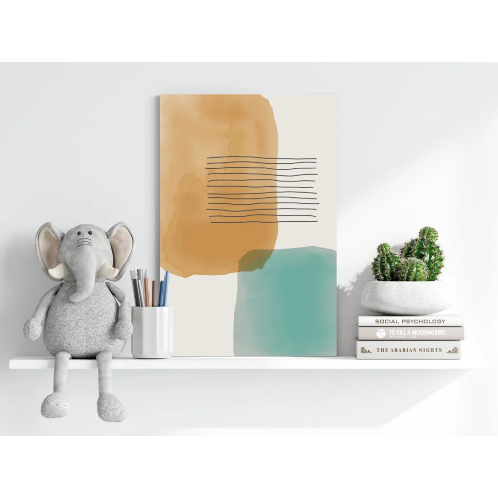 Watercolor Dreams abstract canvas in teal and ochre with beige background