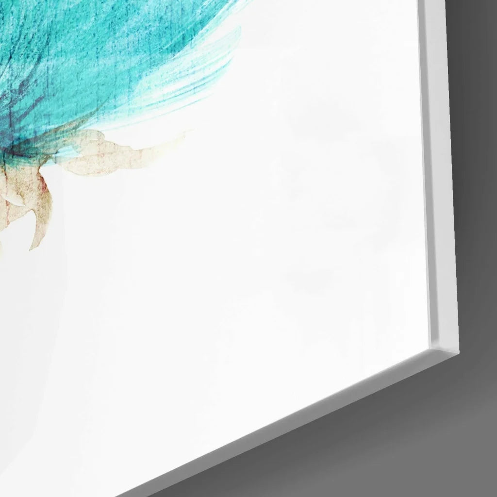 Teal watercolor flower wall art in sleek white frame