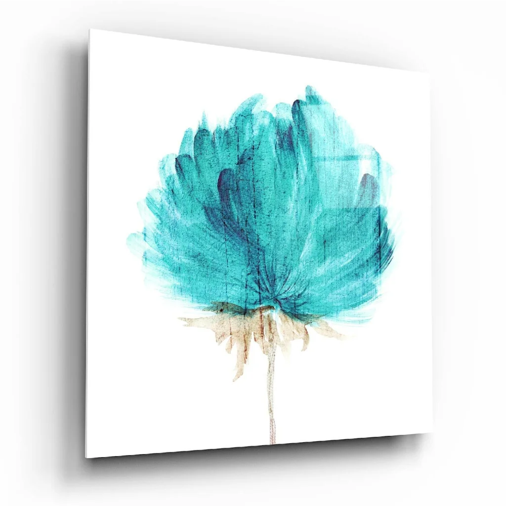 Teal watercolor flower glass wall art canvas with white frame
