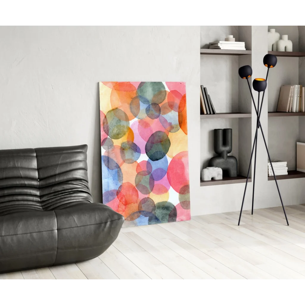 Vibrant glass wall art with colorful overlapping circles in pink, orange, blue, green on yellow