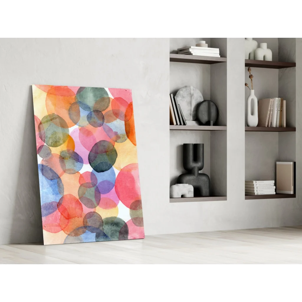Vibrant glass wall art with overlapping colorful circles and dreamy watercolor vibes