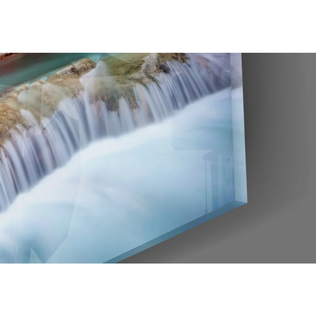 Sleek acrylic-framed glass wall art of misty waterfall in red canyon cliffs