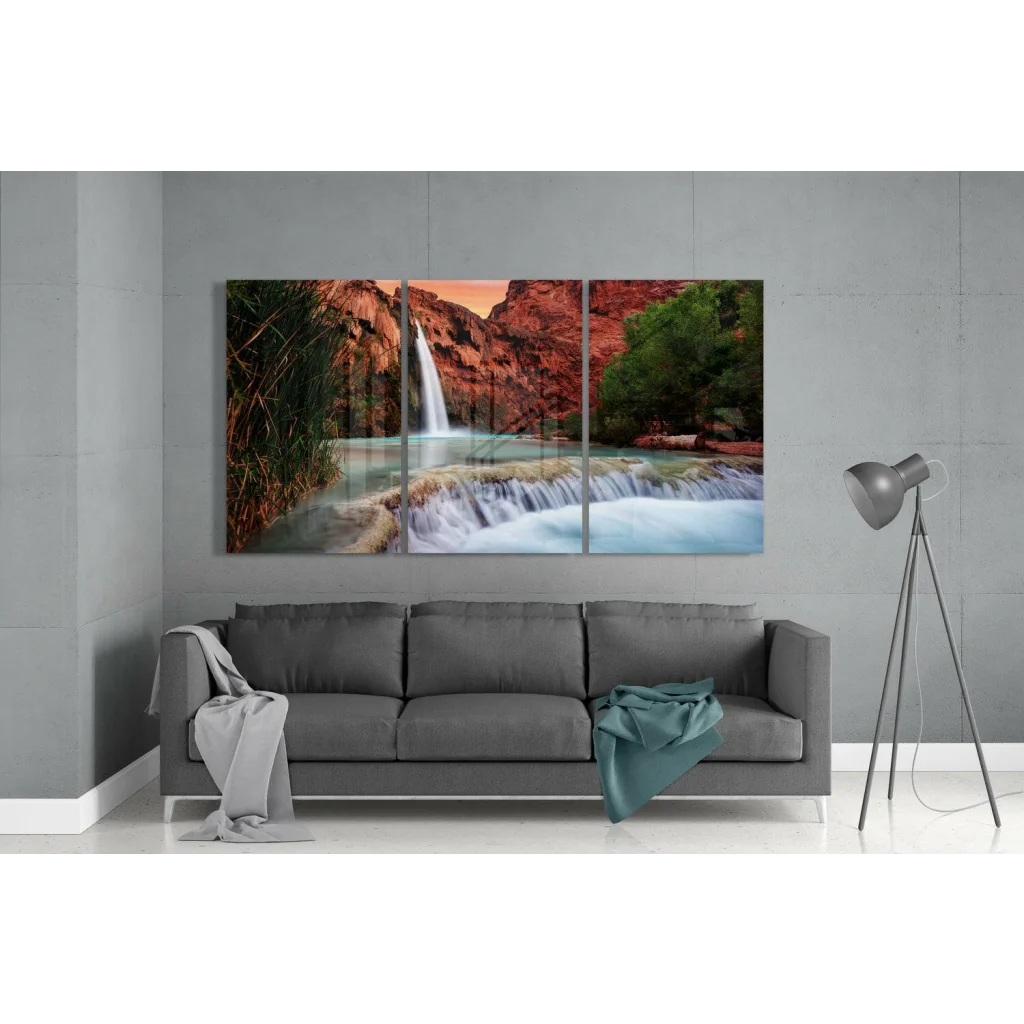 Turquoise waterfall triptych canvas wall art with vibrant turquoise water