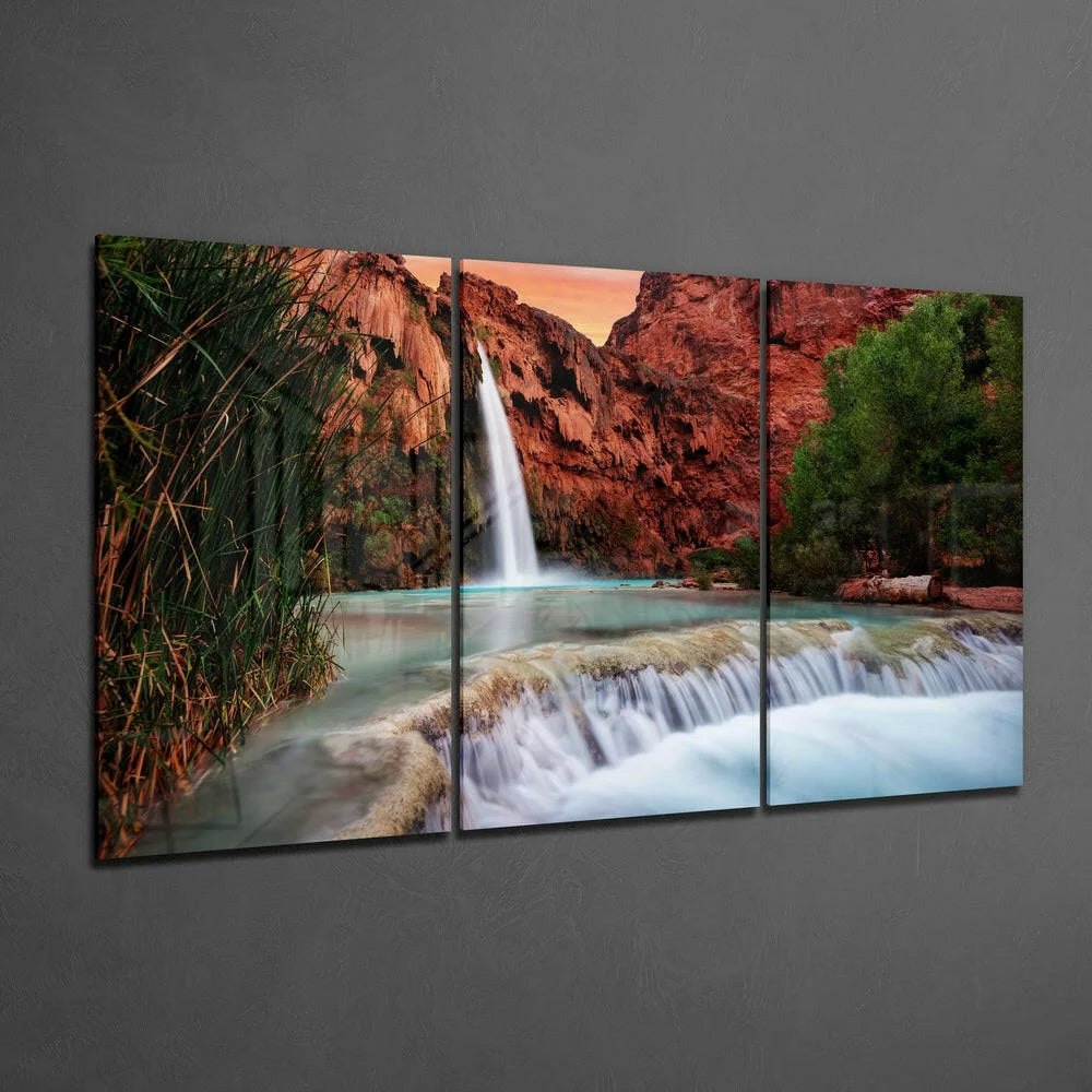 Turquoise waterfall triptych canvas wall art with lush greens