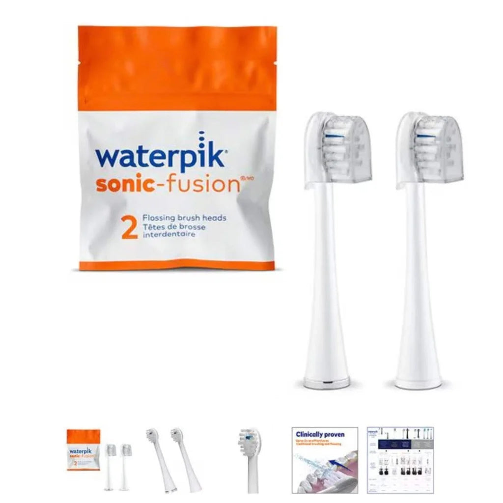 Waterpik full size replacement brush heads in white sonic-fusion pack