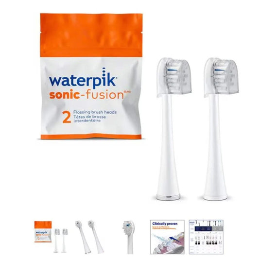 Waterpik full size replacement brush heads in white sonic-fusion pack