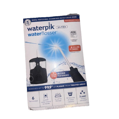 Waterpik Ultra Water Flosser in black packaging with blue accents