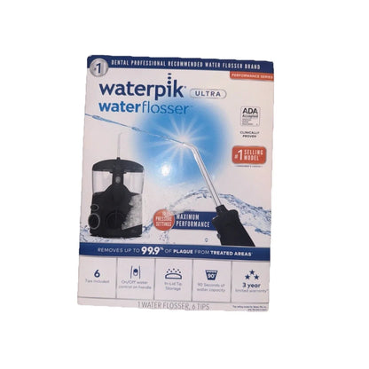 Waterpik Ultra Water Flosser in black packaging with blue white design