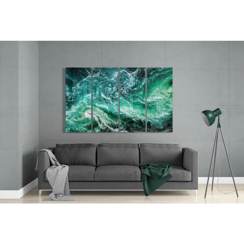 Stunning teal and white ocean wave wall art four panel canvas set
