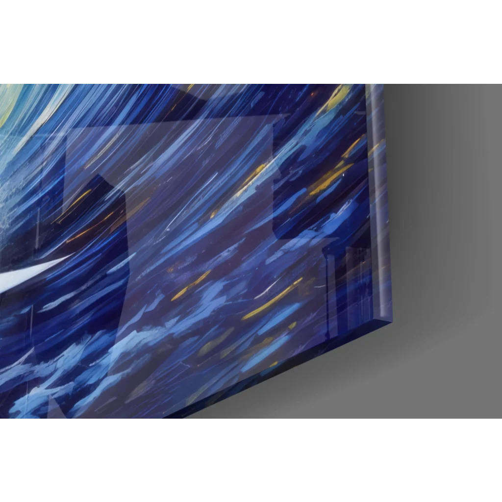 Vibrant surfer wave wall art canvas with blue brushstrokes and yellow sun streaks