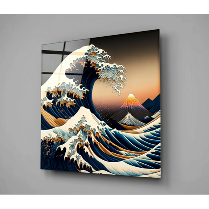 Vibrant glass wall art of Great Wave with orange sunset glow