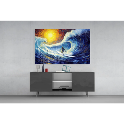 Vibrant surfer wave wall art canvas with radiant sun on blue wave