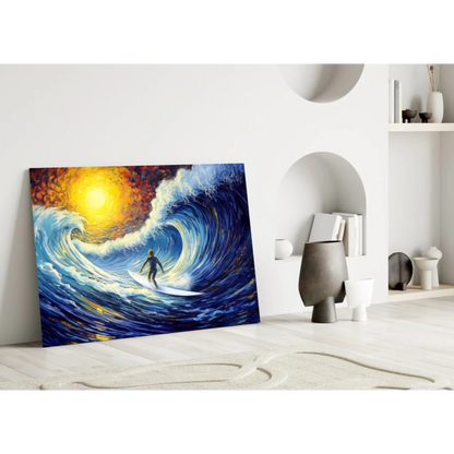 Vibrant surfer riding massive blue wave under radiant sun in wall art