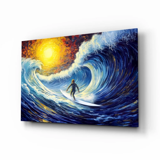 Surfer riding massive blue wave in radiant sun wall art