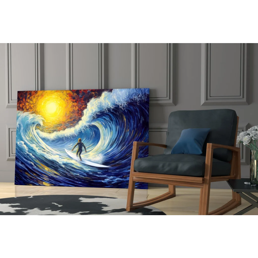 Vibrant surfer wave glass wall art with radiant sun canvas
