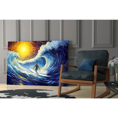 Vibrant surfer wave glass wall art with radiant sun canvas