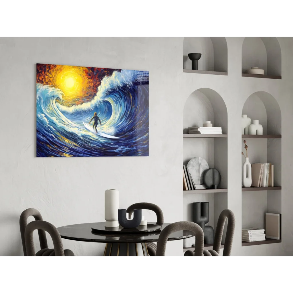 Vibrant surfer riding massive blue wave under radiant sun, canvas wall art