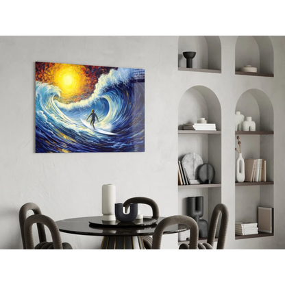 Vibrant surfer riding massive blue wave under radiant sun, canvas wall art