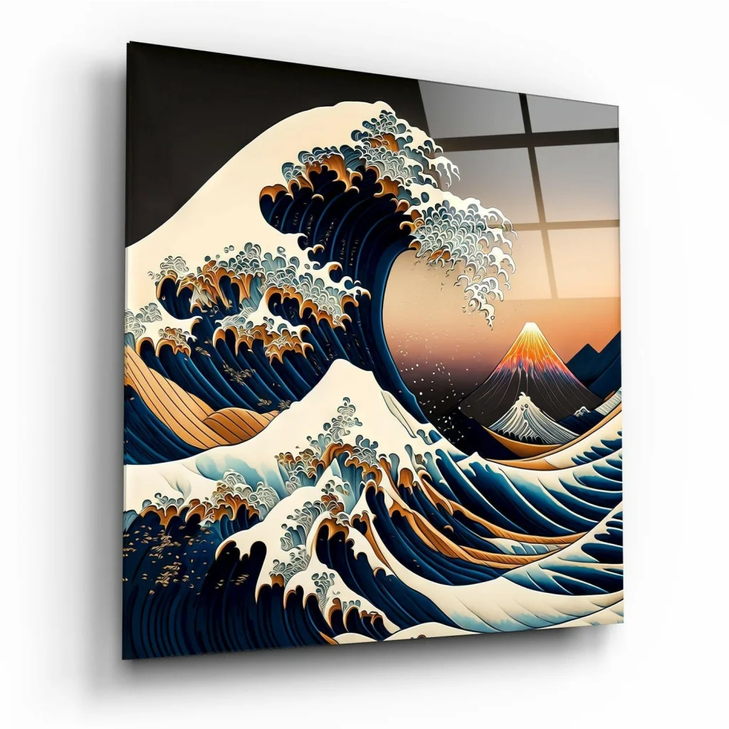Modern Wave Glass Wall Art with sunset glow and Great Wave