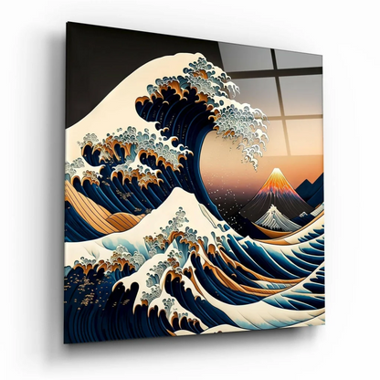 Modern Wave Glass Wall Art with sunset glow and Great Wave