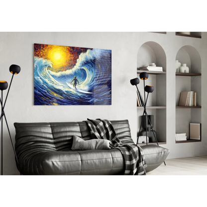 Vibrant surfer wave canvas wall art with radiant sun and dynamic ocean