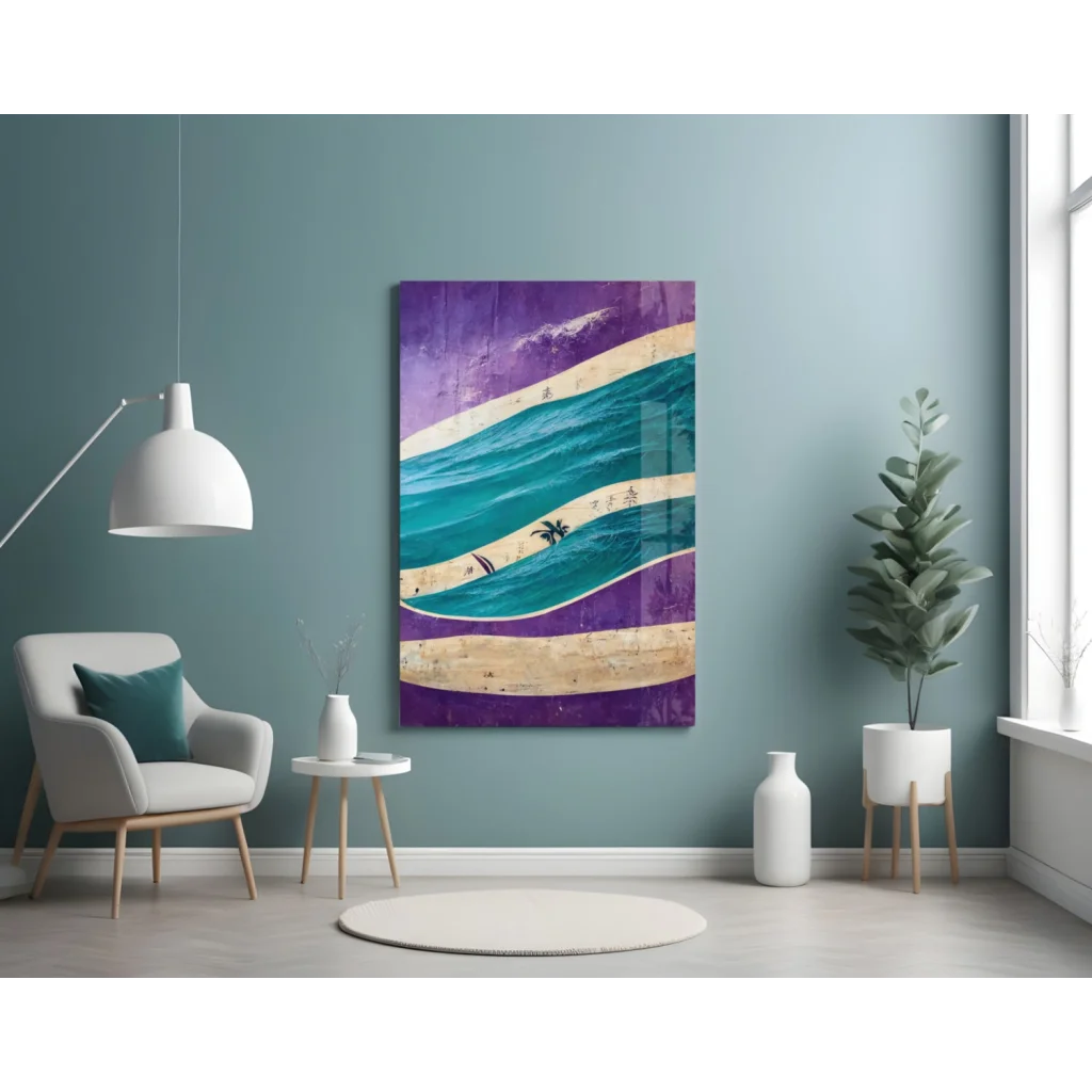 Vibrant turquoise waves on purple glass wall art with palms and sand