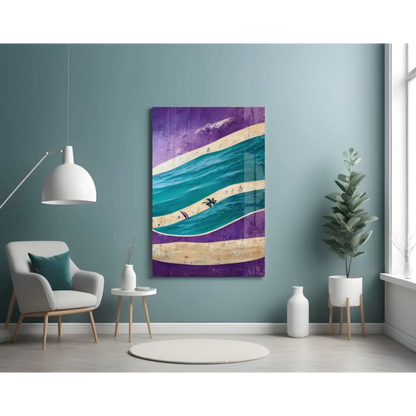 Vibrant turquoise waves on purple glass wall art with palms and sand