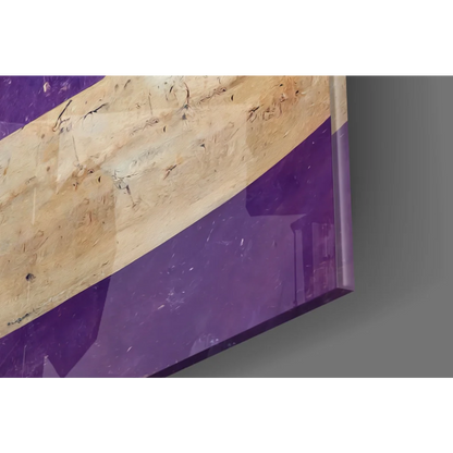 Tropical Wave Paradise glass wall art with purple stripes and beige wood grain