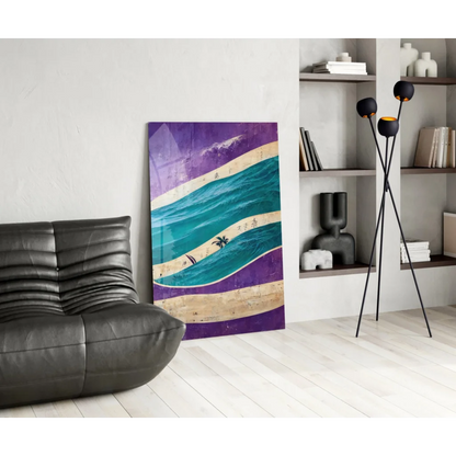 Vibrant teal purple beige wave glass wall art with palms and surfboards