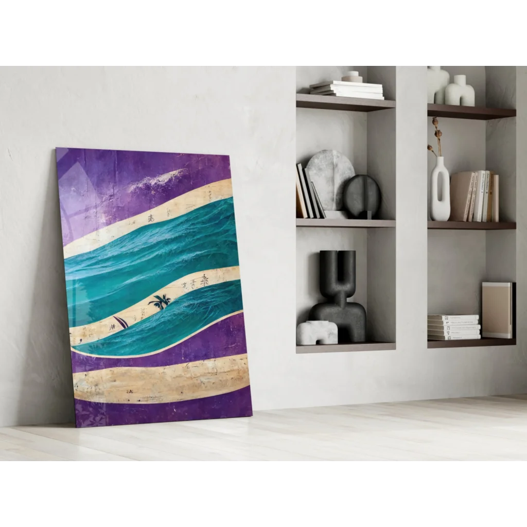 Vibrant teal purple beige wave glass wall art with palm tree silhouette