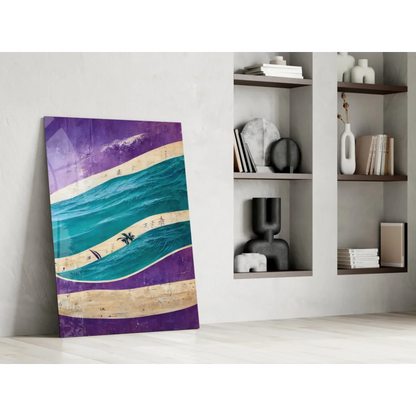 Vibrant teal purple beige wave glass wall art with palm tree silhouette