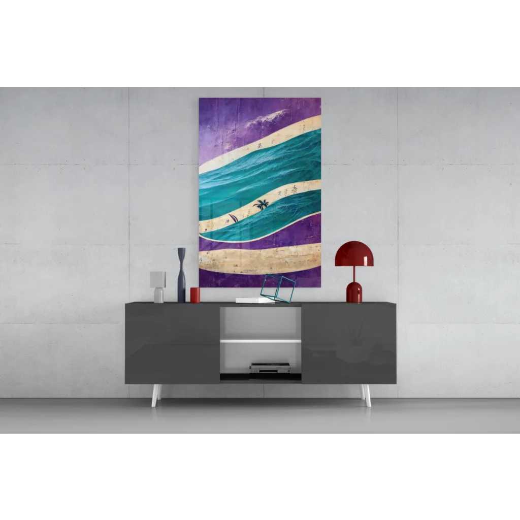 Vibrant teal purple beige wave glass wall art canvas
