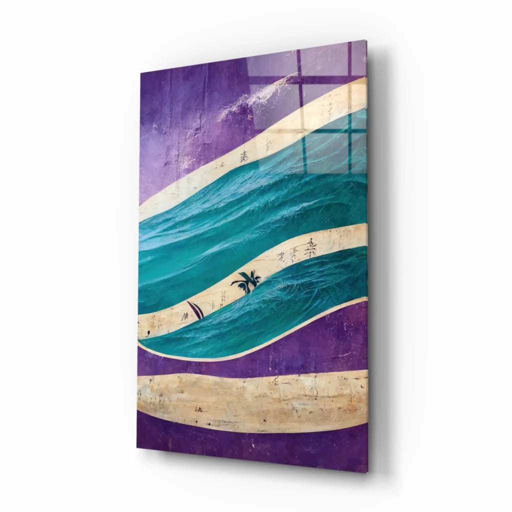 Vibrant tropical wave paradise glass wall art with turquoise purple waves