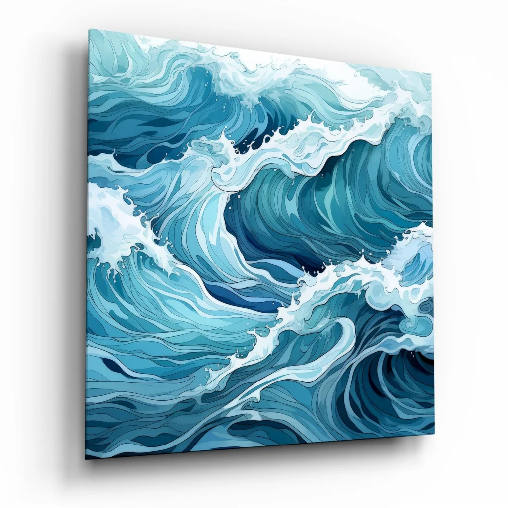 Stunning blue ocean wave tempered glass art panel with swirling waves