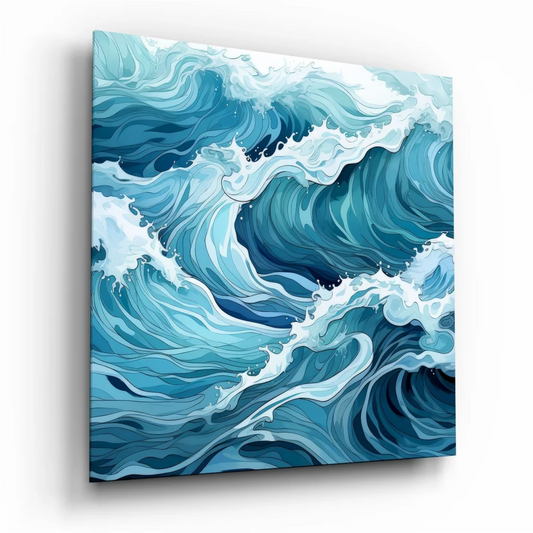 Stunning blue ocean wave tempered glass art panel with swirling waves