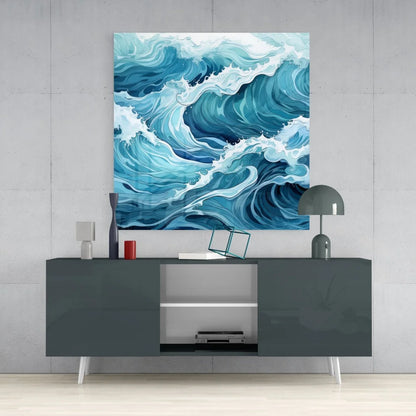 Stunning blue ocean wave tempered glass art panel with foam swirls