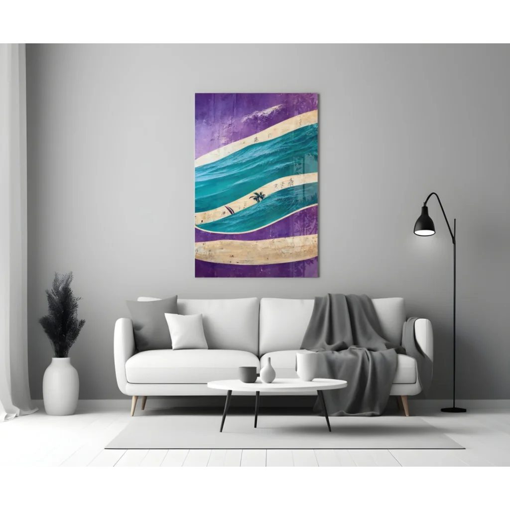 Vibrant teal purple beige abstract waves with palm silhouettes in Tropical Wave Paradise glass wall art