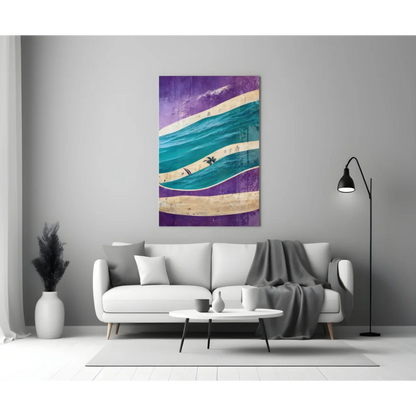 Vibrant teal purple beige abstract waves with palm silhouettes in Tropical Wave Paradise glass wall art