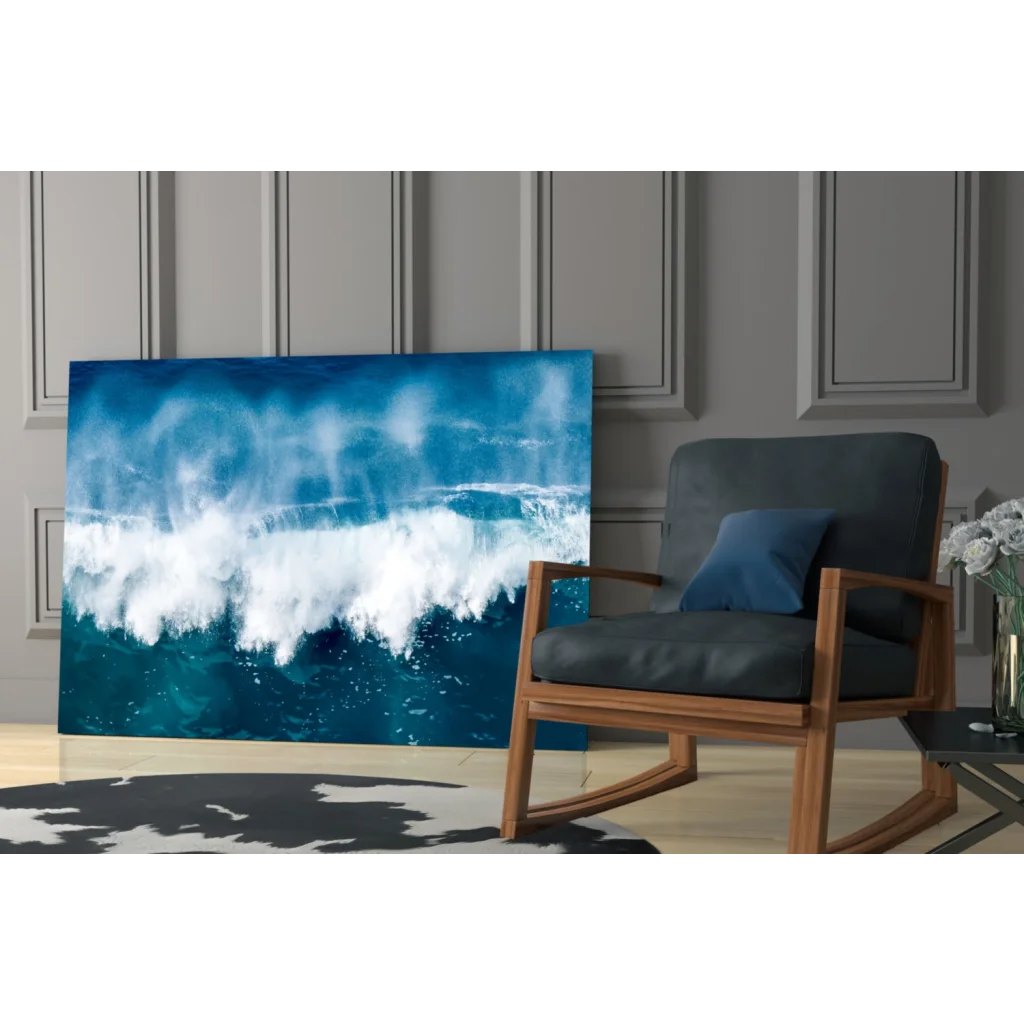 Stunning blue wave glass wall art on canvas for modern homes
