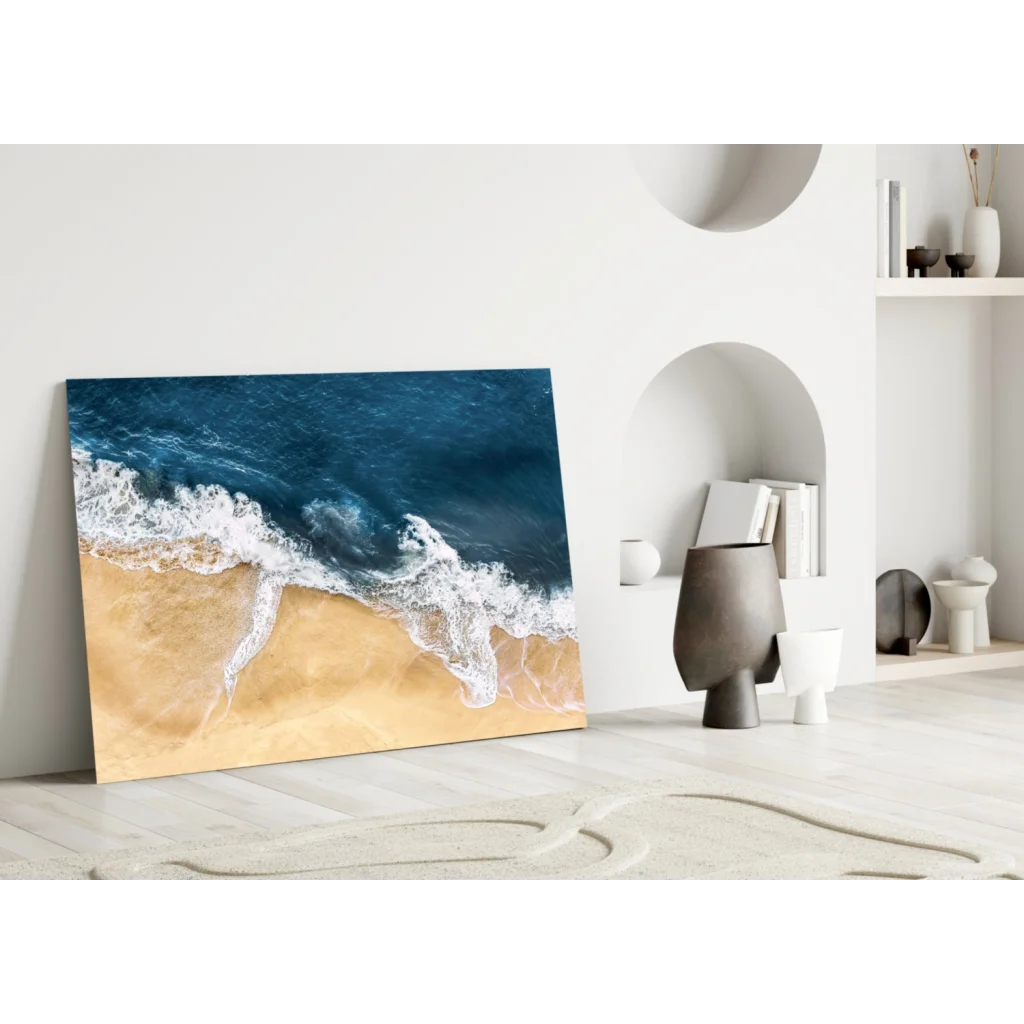 Ocean waves aerial view glass wall art print with crashing surf